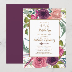Lila Rosa Boho-Feder-Blumen-Gold 50. Geburtstag Einladung