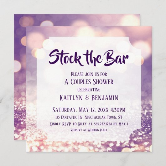 Lila & rosa Bokeh, Stock die Dusche für Bar Einladung (Vorne/Hinten)