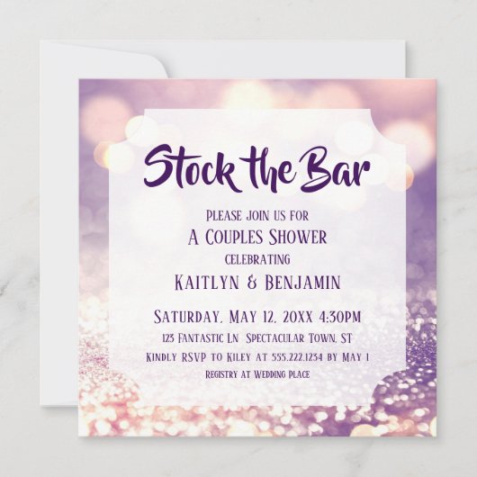 Lila & rosa Bokeh, Stock die Dusche für Bar Einladung (Vorderseite)
