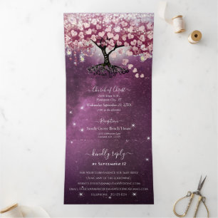 Lila Rosa Burgunder Wein Herz Blatt Baum Hochzeit Dreifach Gefaltete Einladung