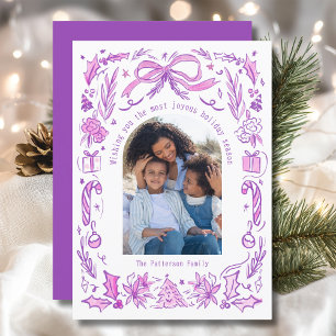 Lila Rosa Coquette Doodle Weihnachtsfamilienfoto Feiertagskarte