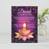 Lila-rosa Diwali Lampe-Lichtbildskript Einladung (Stehend Vorderseite)