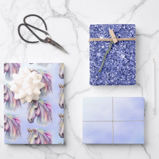 Lila rosa Einhorn Glitzer Sparkone Geschenkpapier Set (Vorderseite)