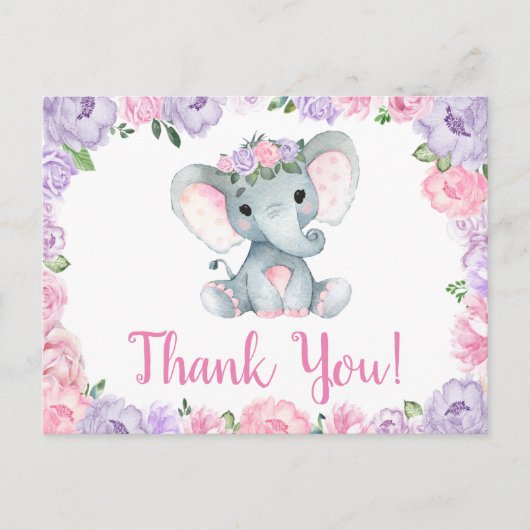 Lila rosa Elefant Danke Rose Girl Postcard Postkarte (Vorderseite)