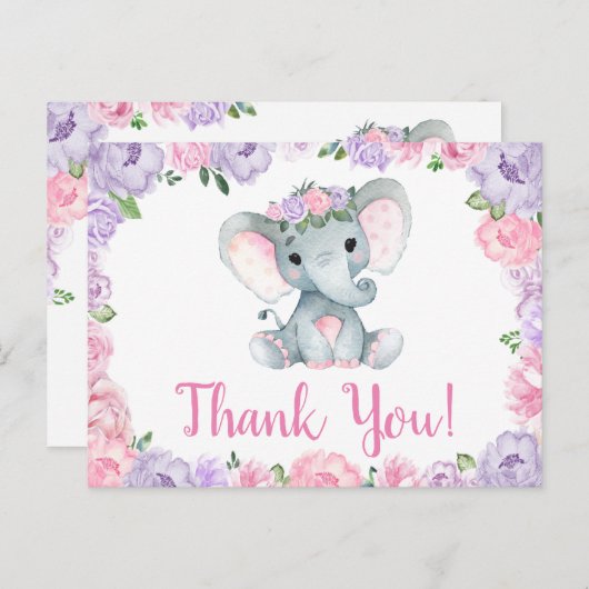 Lila rosa Elefant Danke Rose Girl Postcard Postkarte (Vorne/Hinten)