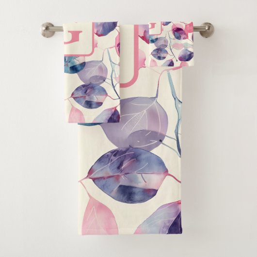 Lila rosa Eukalyptus Wasserfarben-Blätter, Monogra Badhandtuch Set (Insitu)