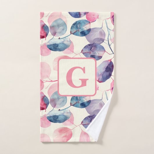 Lila rosa Eukalyptus Wasserfarben-Blätter, Monogra Badhandtuch Set (Handtuch)