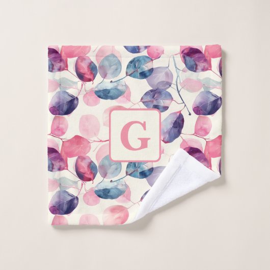 Lila rosa Eukalyptus Wasserfarben-Blätter, Monogra Badhandtuch Set (Waschlappen)