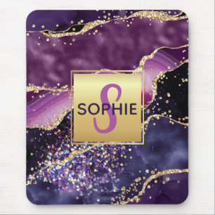 Lila & Rosa & falsches Gold Glitter Achat Monogram Mousepad