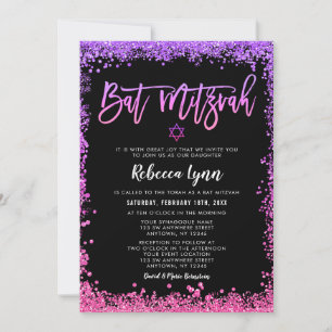 Lila Rosa Faux Glitter Bat Mitzvah Einladung