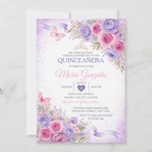 Lila-rosa Florale Quinceañera-Einladung Einladung