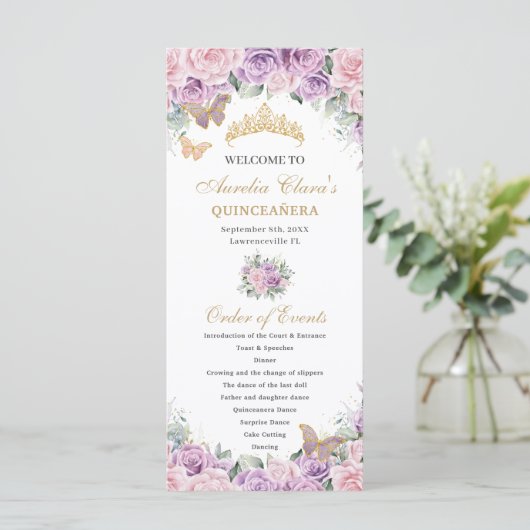 Lila-rosa-florale Quinceñera-Orden Programm (Stehend Vorderseite)