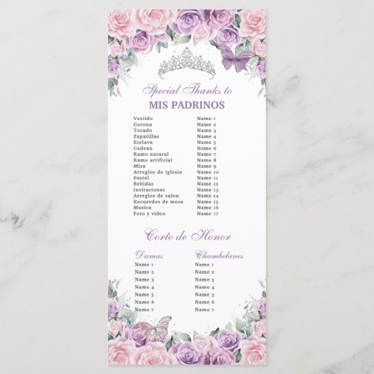 Lila-rosa-florale Quinceñera-Orden Programm (Rückseite)
