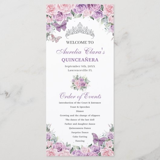 Lila-rosa-florale Quinceñera-Orden Programm (Vorderseite)