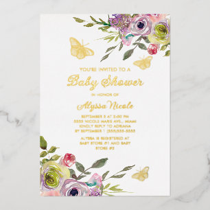 Lila Rosa Florale Schmetterlinge Goldfolie Baby Folieneinladung