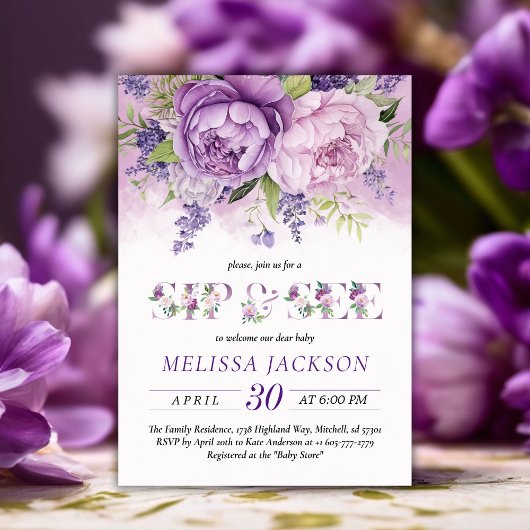 Lila & rosa Garden Blume Girl Sip and see Einladung