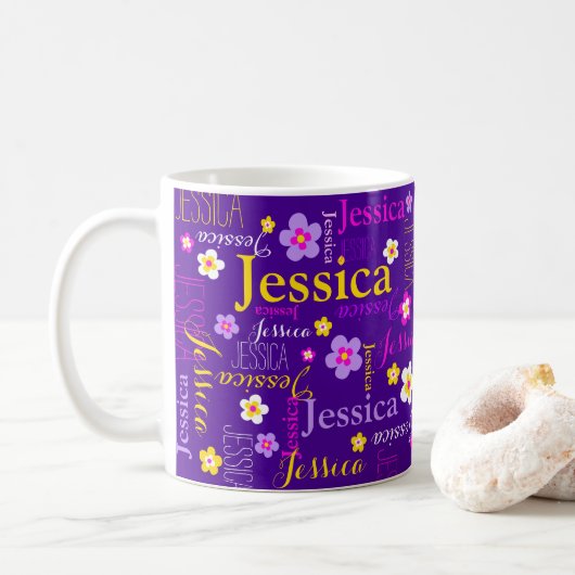 Lila-rosa-gelbe Blume individuelle Name jessica Kaffeetasse (Mit Donut)