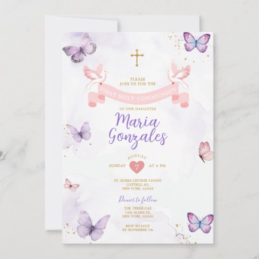 Lila & rosa Girl First Heilige Kommunion Butterfly Einladung (Vorderseite)