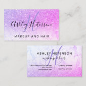 Lila rosa Glitterskript des Make-upmonogrammarmors Visitenkarte (Vorne/Hinten)