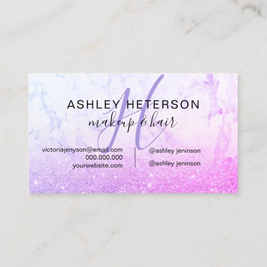 Lila rosa Glitterskript des Make-upmonogrammarmors Visitenkarte (Rückseite)
