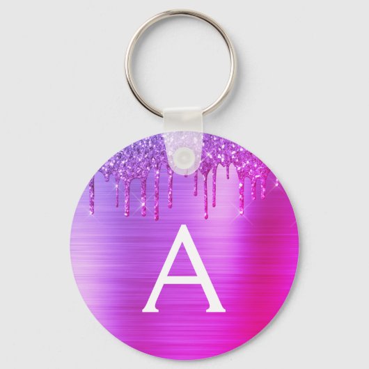 Lila rosa Glitzer Edelstahl-Monogramm Schlüsselanhänger (Vorderseite)