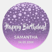 Lila rosa Glitzer Happy Birthday Runder Aufkleber (Vorderseite)