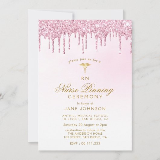 lila-rosa Glitzer Nurse-Pinselfeier Einladung (Vorderseite)