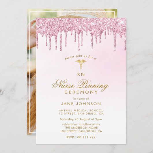 lila-rosa Glitzer Nurse-Pinselfeier Einladung (Vorne/Hinten)