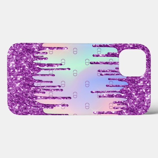 Lila-rosa-Glitzer-Tropfen holografisches Monogramm Case-Mate iPhone Hülle (Rückseite (Horizontal))
