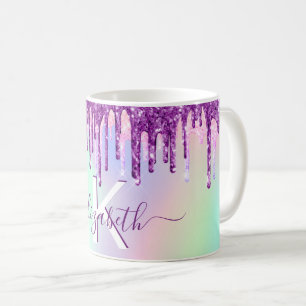 Lila-rosa-Glitzer-Tropfen holografisches Monogramm Kaffeetasse