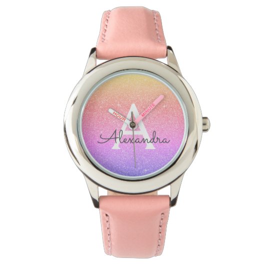 Lila rosa Glitzer und Sparkle Monogram Luxus Armbanduhr (Vorderseite)