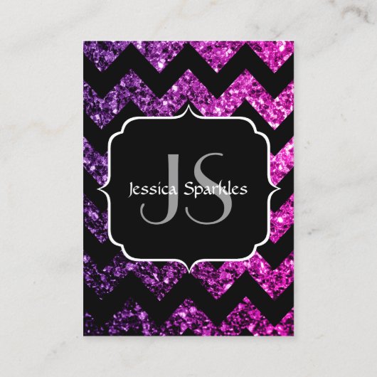 Lila rosa Glitzern schwarz Zickzack Monogramm Visitenkarte (Rückseite)