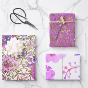 Lila Rosa Gold-Damask-Spitze floral Geschenkpapier Set