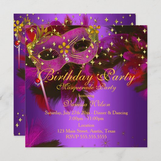 Lila Rosa Gold Feather Masquera Party Einladung (Vorne/Hinten)