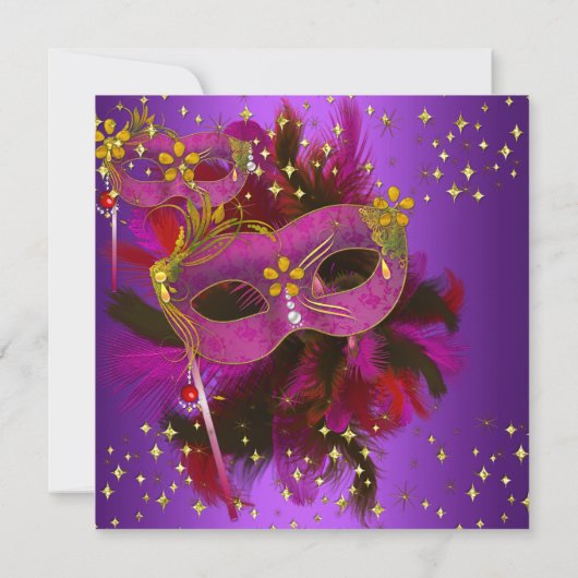 Lila Rosa Gold Feather Masquera Party Einladung (Rückseite)