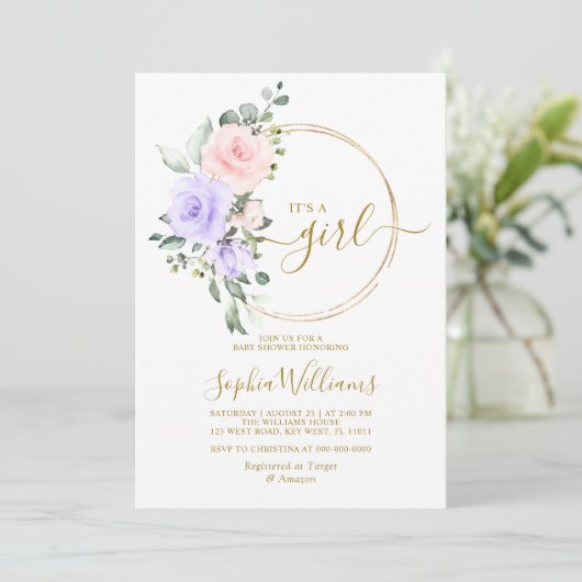 Lila Rosa & Gold Wreath Kinderdusche Einladung (Stehend Vorderseite)