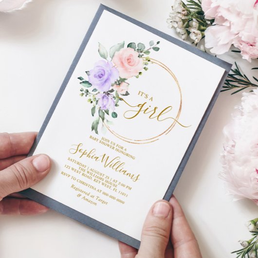 Lila Rosa & Gold Wreath Kinderdusche Einladung