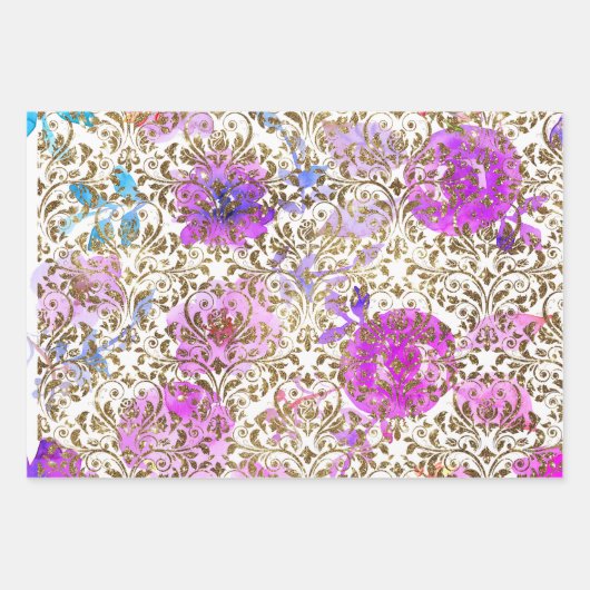 Lila rosa Golddamastasche Geschenkpapier Set (Vorderseite)