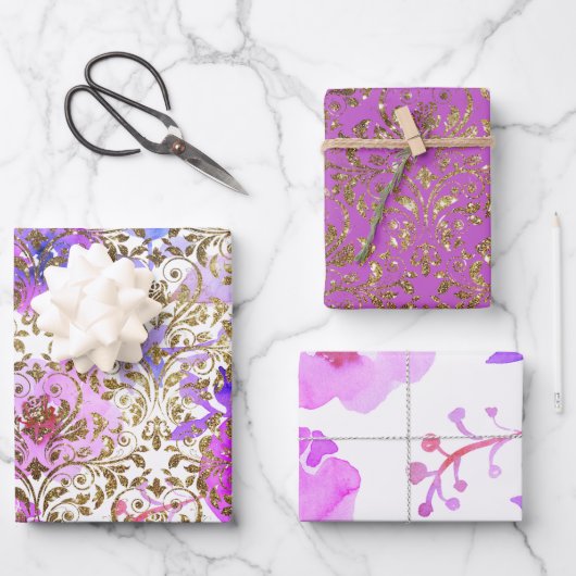 Lila rosa Golddamastasche Geschenkpapier Set (Vorderseite)