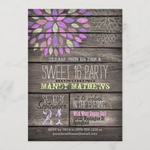 Lila, Rosa, Grün; Rustikale Holz-Sweet-16-Party Einladung