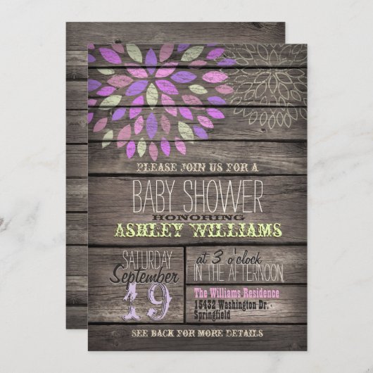 Lila, rosa, grüne Blume Rustikale Holzdusche Einladung (Vorne/Hinten)