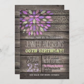 Lila, rosa, grüne Blume Rustikales Holz Geburtstag Einladung (Vorne/Hinten)