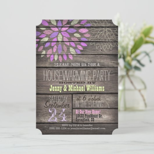 Lila, rosa, grünes rustikales Party für die häusli Einladung (Stehend Vorderseite)