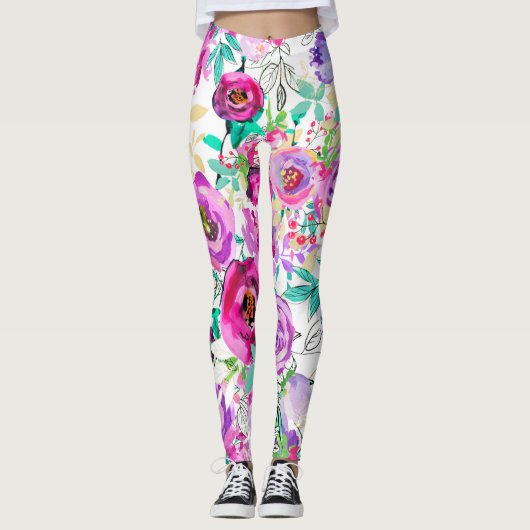 Lila rosa hell bunt fett modern floral leggings (Vorderseite)