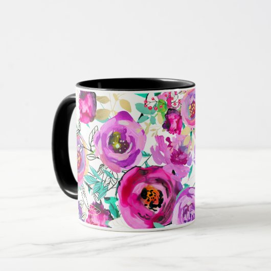 Lila-rosa-helle Farbgebung Modernes Blumenmuster Tasse (Vorderseite Links)