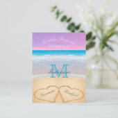 Lila rosa Himmelsherzen im Sandstrand Wedding P Postkarte (Stehend Vorderseite)