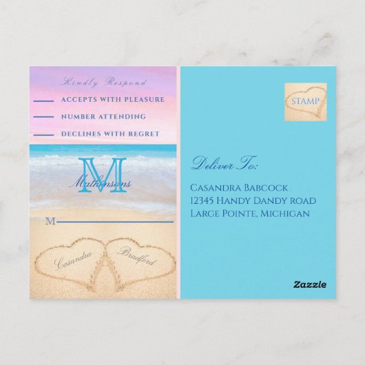 Lila rosa Himmelsherzen im Sandstrand Wedding P Postkarte (Rückseite)