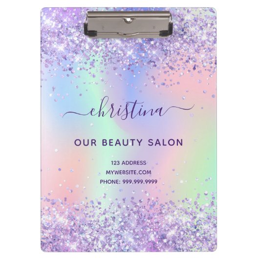Lila rosa holografisches Geschäft Klemmbrett (Vorderseite)