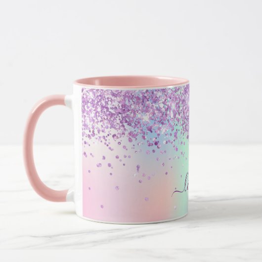 Lila rosa holografisches Namensskript Tasse (Links)