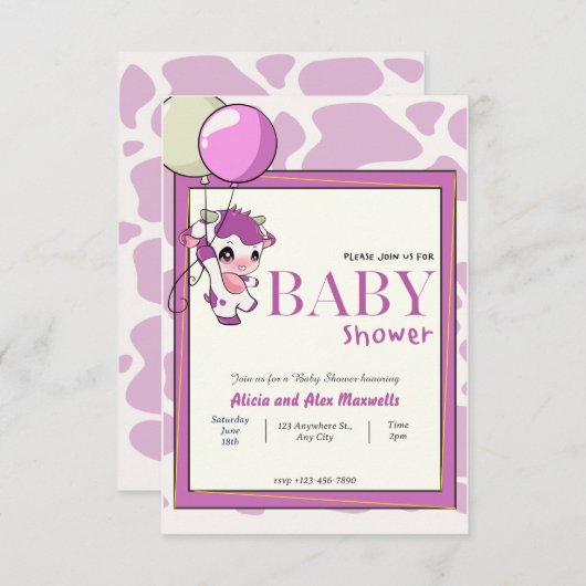 Lila rosa Kuh mit Ballon Babydusche Einladung (Vorne/Hinten)